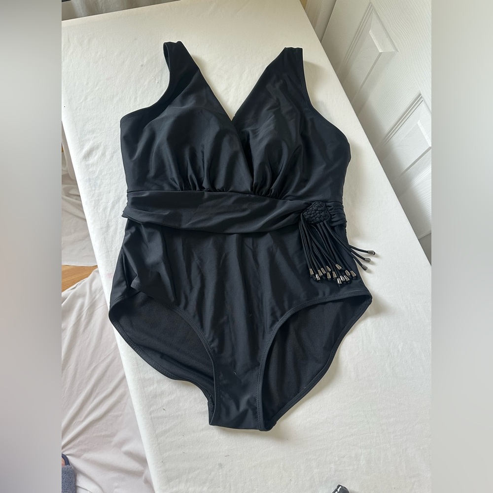 Women’s New York & Company Black One-Piece Swimsuit with Side Tassel Detail